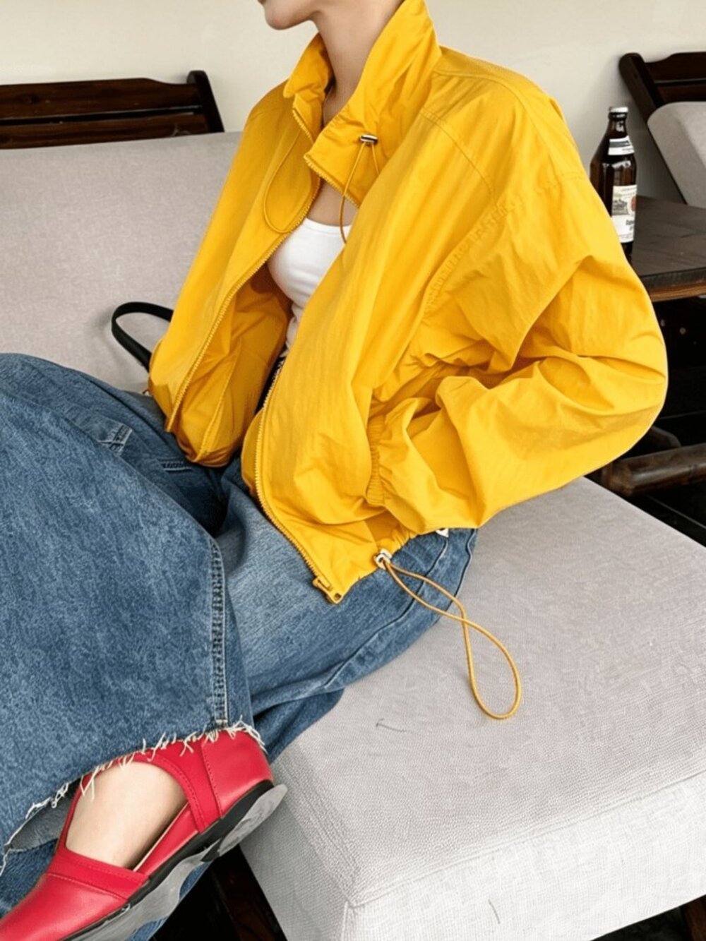 Yellow Casual Women's Loose Fit Short Zip Funnel Collar Lightweight Jacket - Picture 4 of 8
